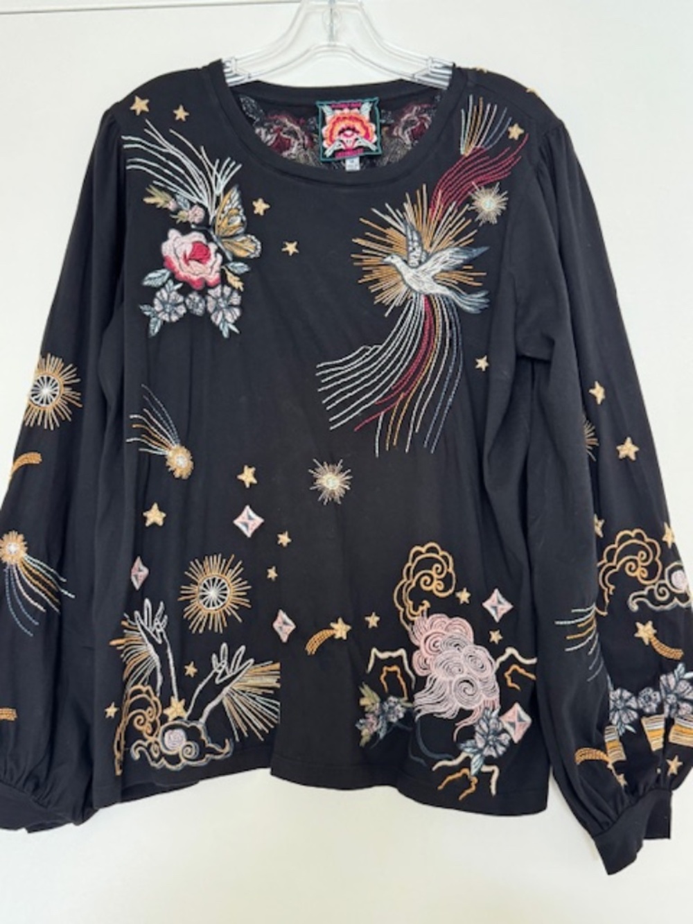 Johnny Was Selah Cuffed Puff Long Sleeve Tee Black Crew Floral Shirt Top NEW